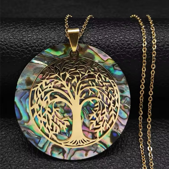 Tree of Life-Stainless Steel Natural Abalone Shell Necklace (Gold Color) - Picture 4 of 9